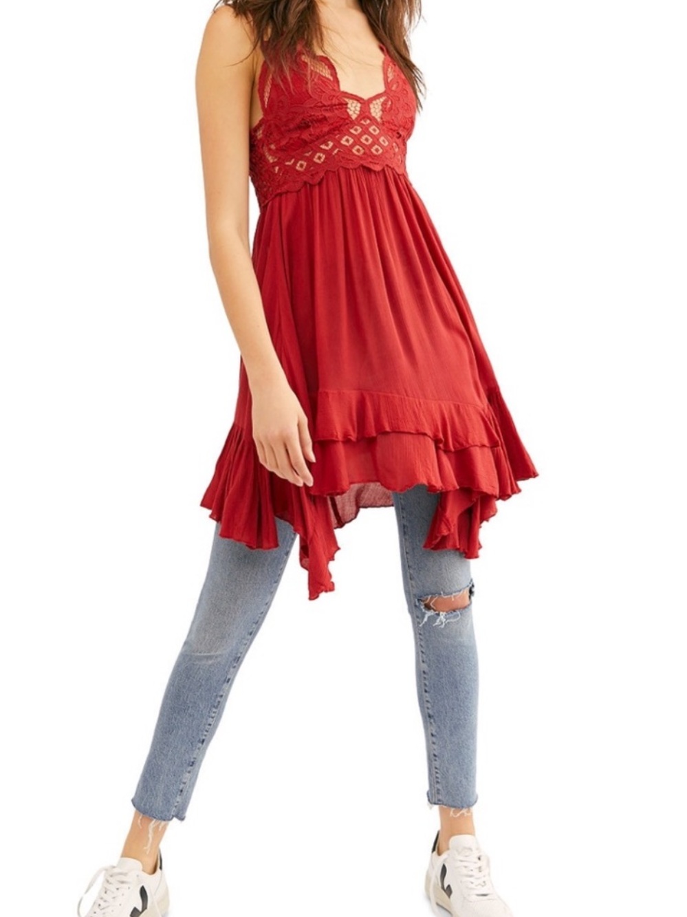 Free People Adella Slip Red Lace Dress